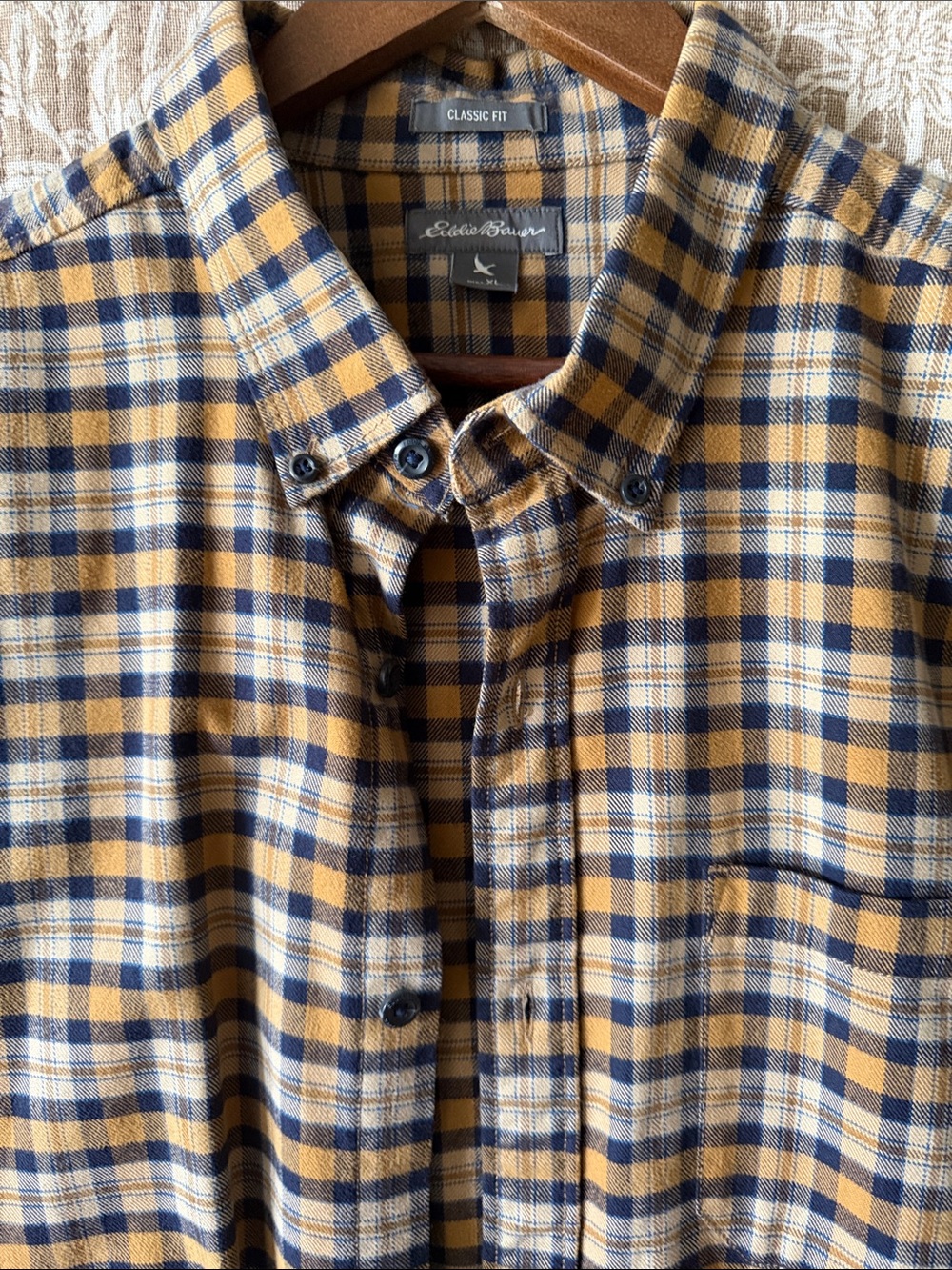 Eddie Bauer Yellow and Navy flannel Plaid Button-Down Shirt